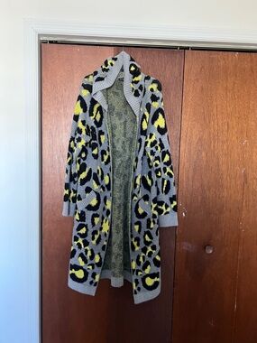 Fashion Nova Gray, Black & Yellow Leopard Open Cardigan